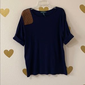 Navy Ralph Lauren top with faux suede patch 3x